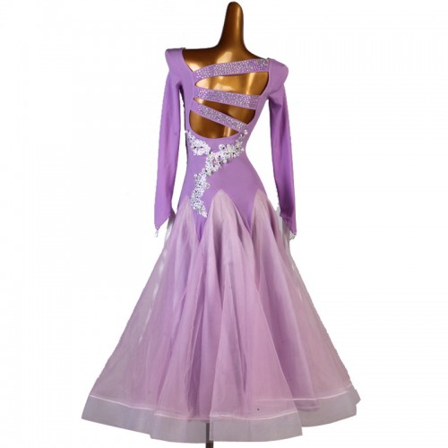 Women girls lavender purple ballroom dancing dresses with gemstones professional waltz tango foxtrot smooth dance long skirt gown for female